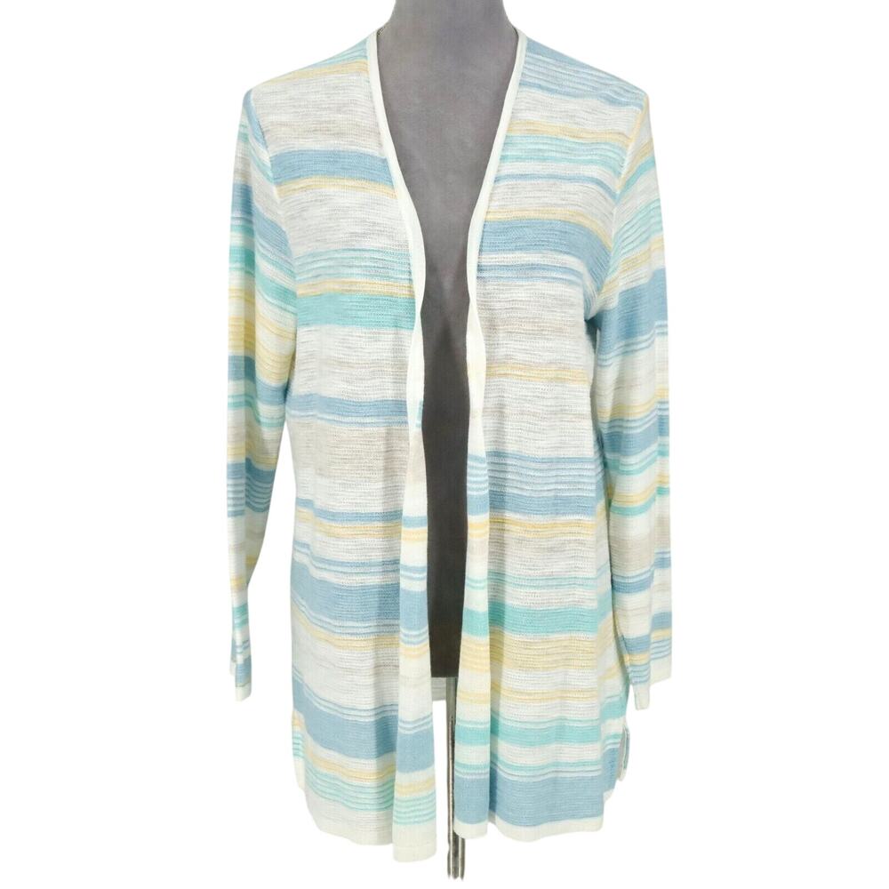 J Jill Sweater Petites MP PM White Blue Stripe Cardigan Cotton Open Front New